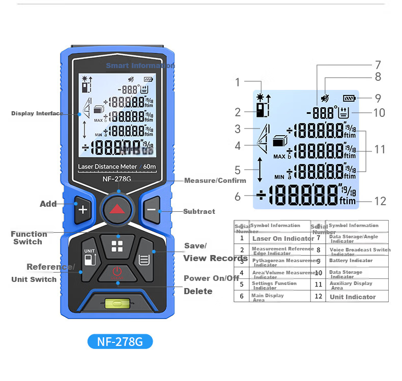 Smart Mouse NF-278G-60 Green Light Laser Distance Meter Handheld High-Precision Electronic Ruler Infrared Room Measuring Device 60m Range Millimeter Accuracy 14