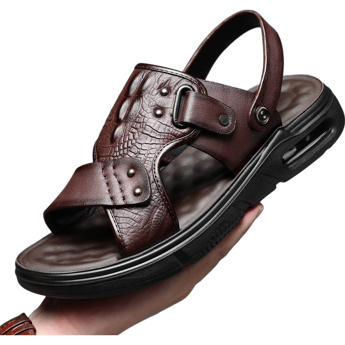 PLAYBOY Men's Leather Sandals, Genuine Leather, Summer, Dual-Use for Dad And Outdoor Wear, Beach Shoes, Lightweight Air Cushion, Dark Brown, Size 41