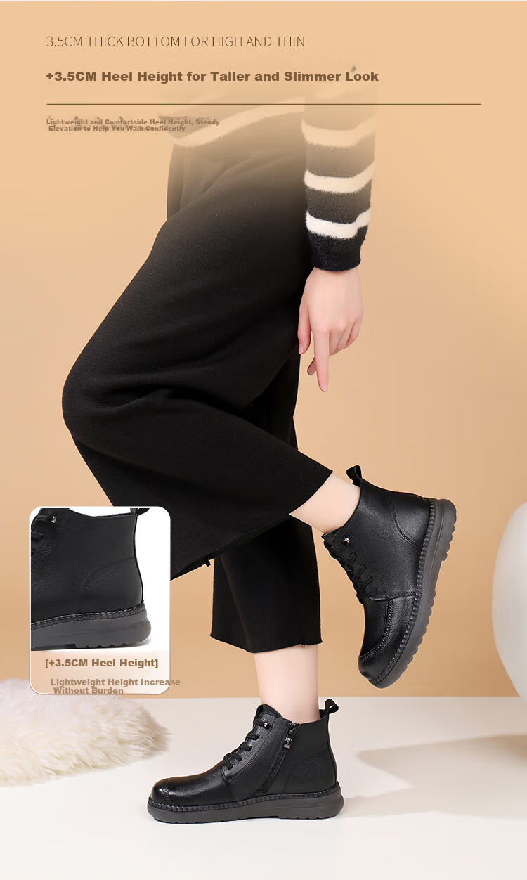 Red Dragonfly Women's Martin Boots Winter Fleece Lined Warm Thick Sole Short Boots Versatile Fashion Cotton Leather WTC457681H Black Size 37 5