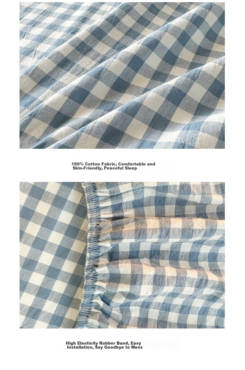 Wuyinliangpin Class A 100% Pure Cotton Fitted Sheet, Single Piece, 1.8x2 Meter Double Bed Cover, Protective Case, Full Coverage Fitted Sheet, Blue Small Check Patter 10