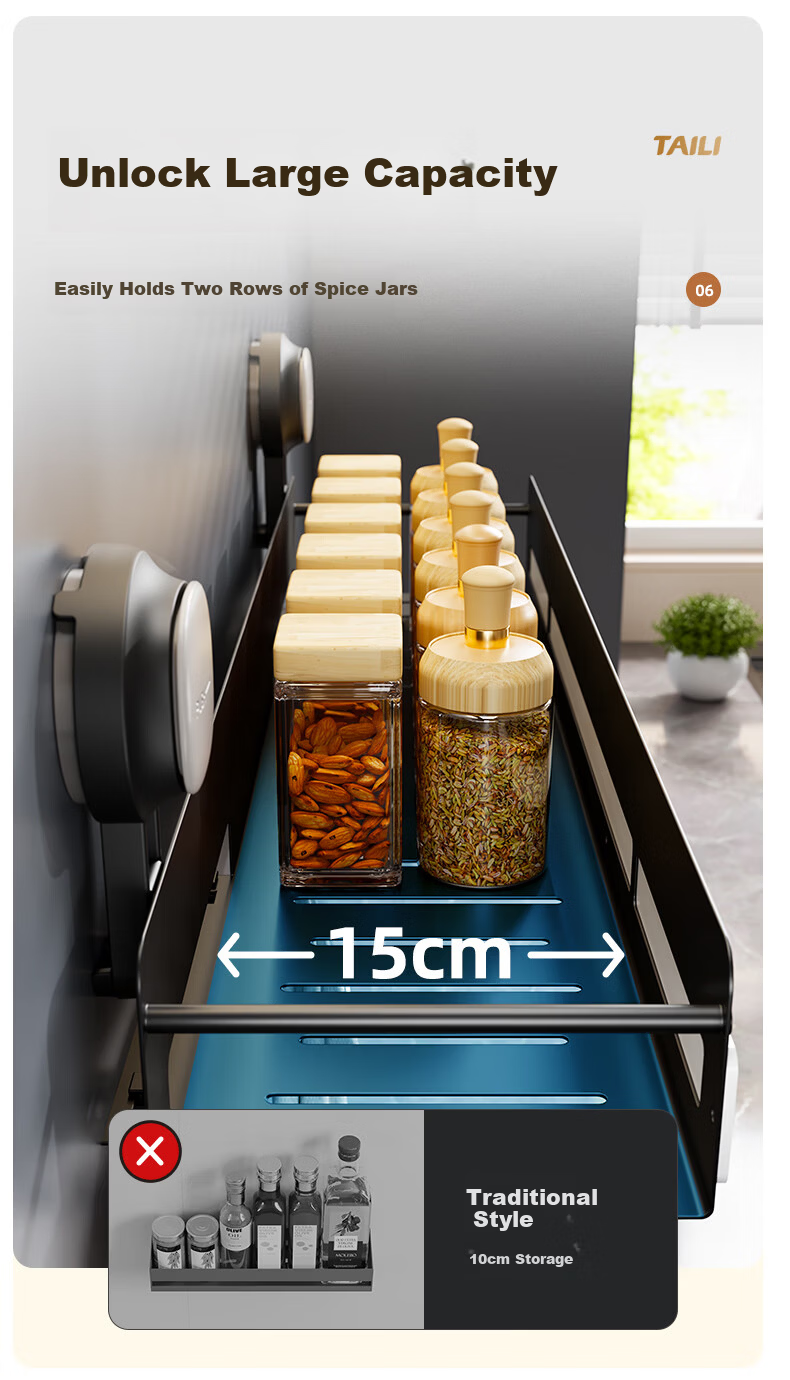 Taili Suction Cup Kitchen Storage Rack, Wall-Mounted Spice Rack, Multifunctional Organizer Shelf, No Drilling Required, 40cm 6
