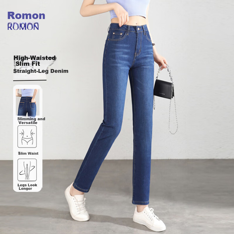 Romon Women's Summer Casual Fashion Slim High-Waist Straight-Leg Jeans Dark Blue 27