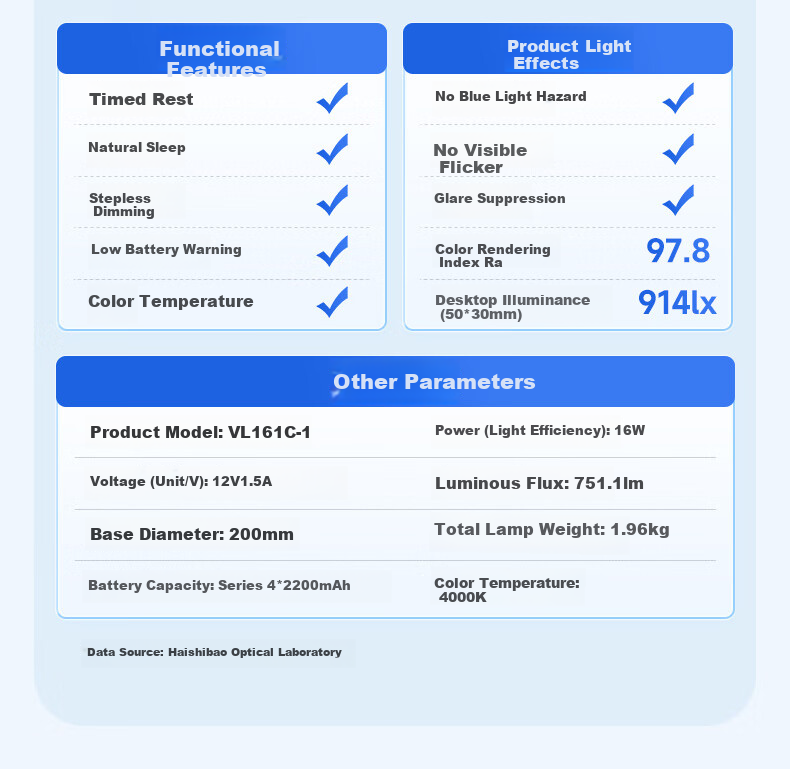 Haishibao National AA Rechargeable Desk Lamp Eye Protection Light for Study, Full Spectrum, Student Children's Dormitory Bedside Lamp VL161C-1 20