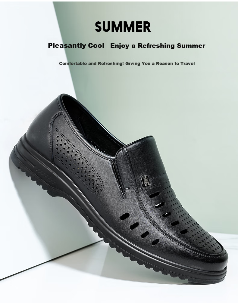 LAORENTOU Men's Business Casual Leather Slip-On Shoes Layered Cowhide Non-Slip Breathable Hollow Shoes LL12163 Black Size 38 2