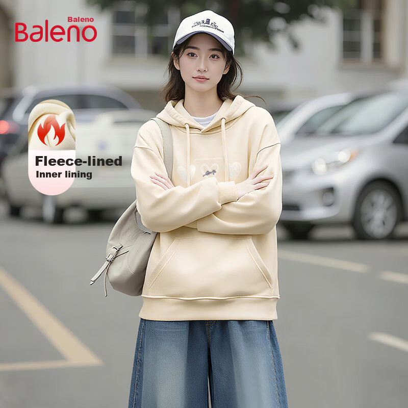 Baleno Women's Autumn Winter Fleece-Lined Navy Blue Hooded Sweatshirt 2025 New Heart Pattern Loose Casual Thick Warm Inner Layer Jacket