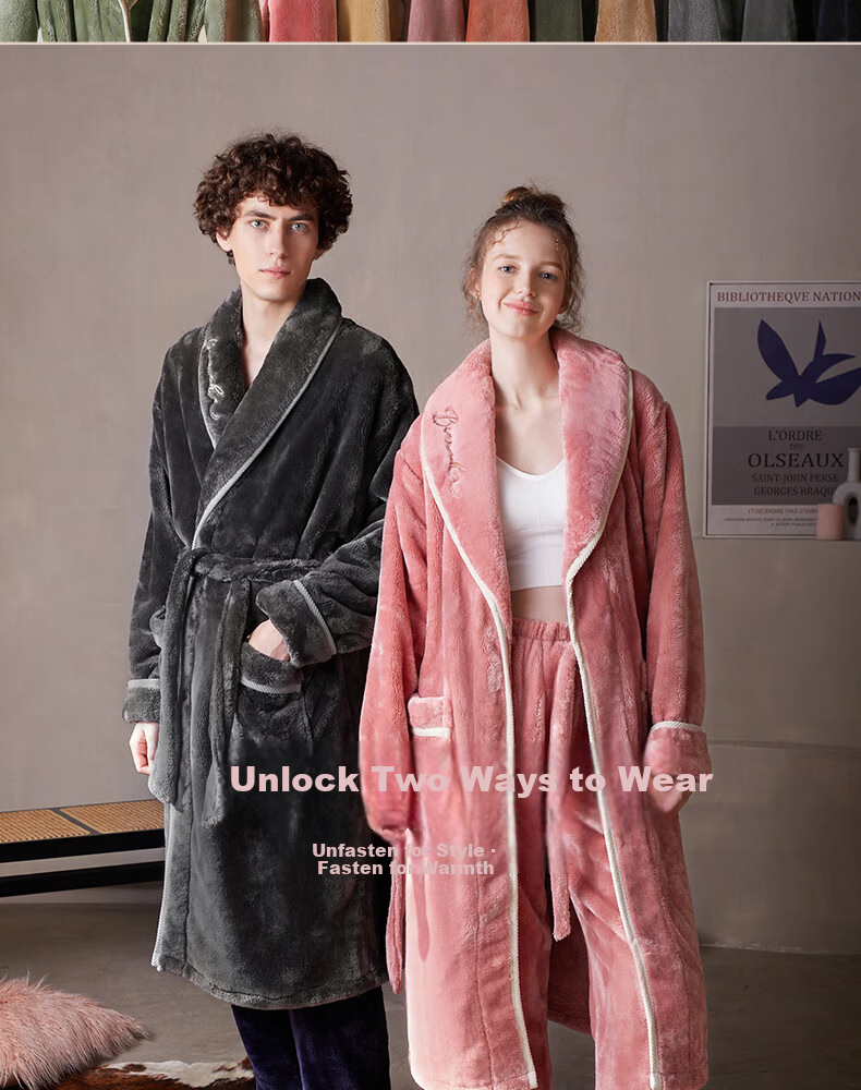 FENTENG Autumn Winter New Thickened Flannel Couple's Long Coral Fleece Bathrobe Men's Pajamas Homewear 3