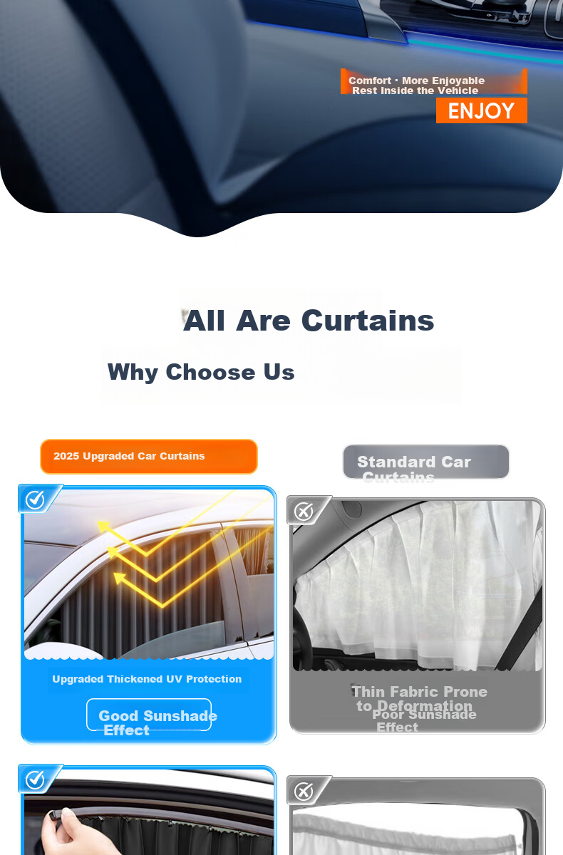 Jiabalan Car Sunshade Set of 4 - Magnetic Side Window Sunshade, Heat Insulation, Mosquito Protection, Privacy, Automatic Retractable Sunshade Curtain 8