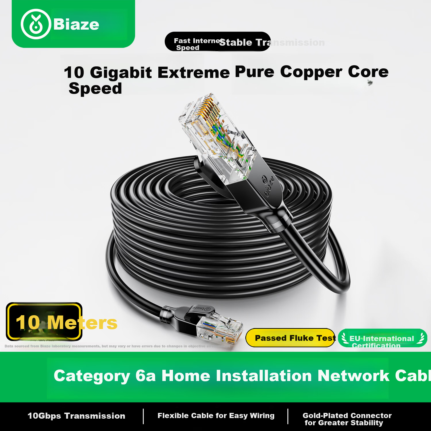 BIAZE CAT6A Pure Copper Ethernet Cable, Super Category 6, 10Gbps, 10m, Compatible with Gigabit, 8-Core, 2.5G Network Patch Cable for Home and Computer Broadband Engineering