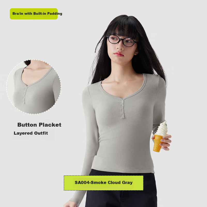 Half-Lined Thermal Base Layer with Chest Pad, Warm Innerwear, Long Sleeve U-Neck T-Shirt for Women, Spring Autumn Winter, No Bra Needed