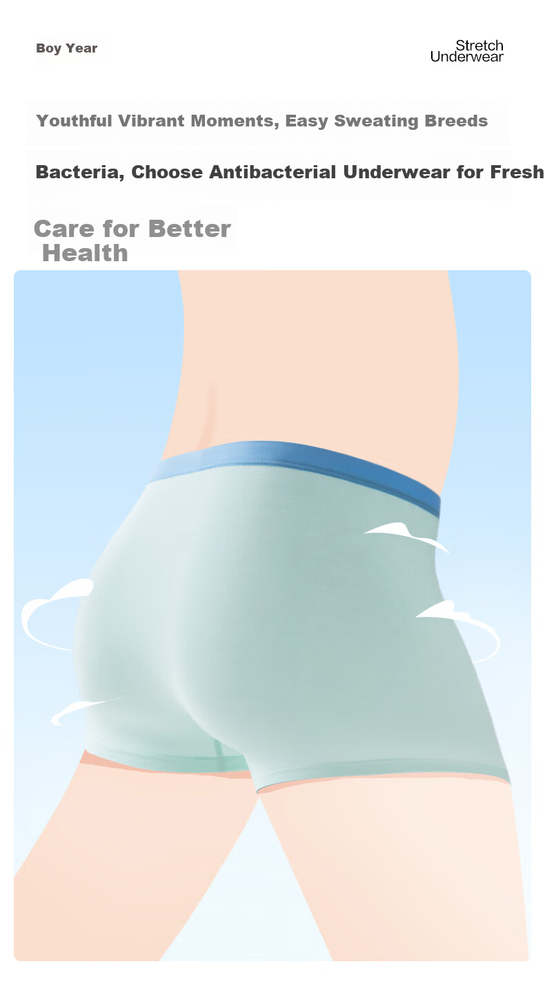 PurCotton Children's 7A Mesh Antibacterial Crotch Elastic Boxer Briefs, Cedar Green + Topaz Blue + Light Silver Gray (Yellow Waistband) 1
