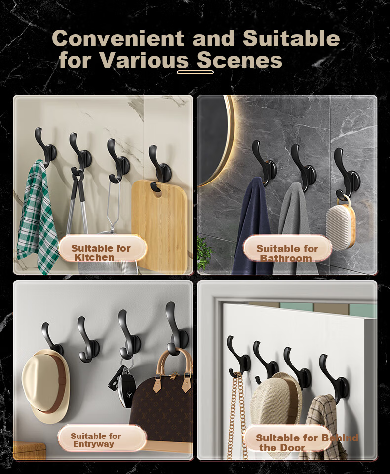 FAJIENUO No-Drill Wall-Mounted Coat Hooks for Entryway, Black, Set of 3 7