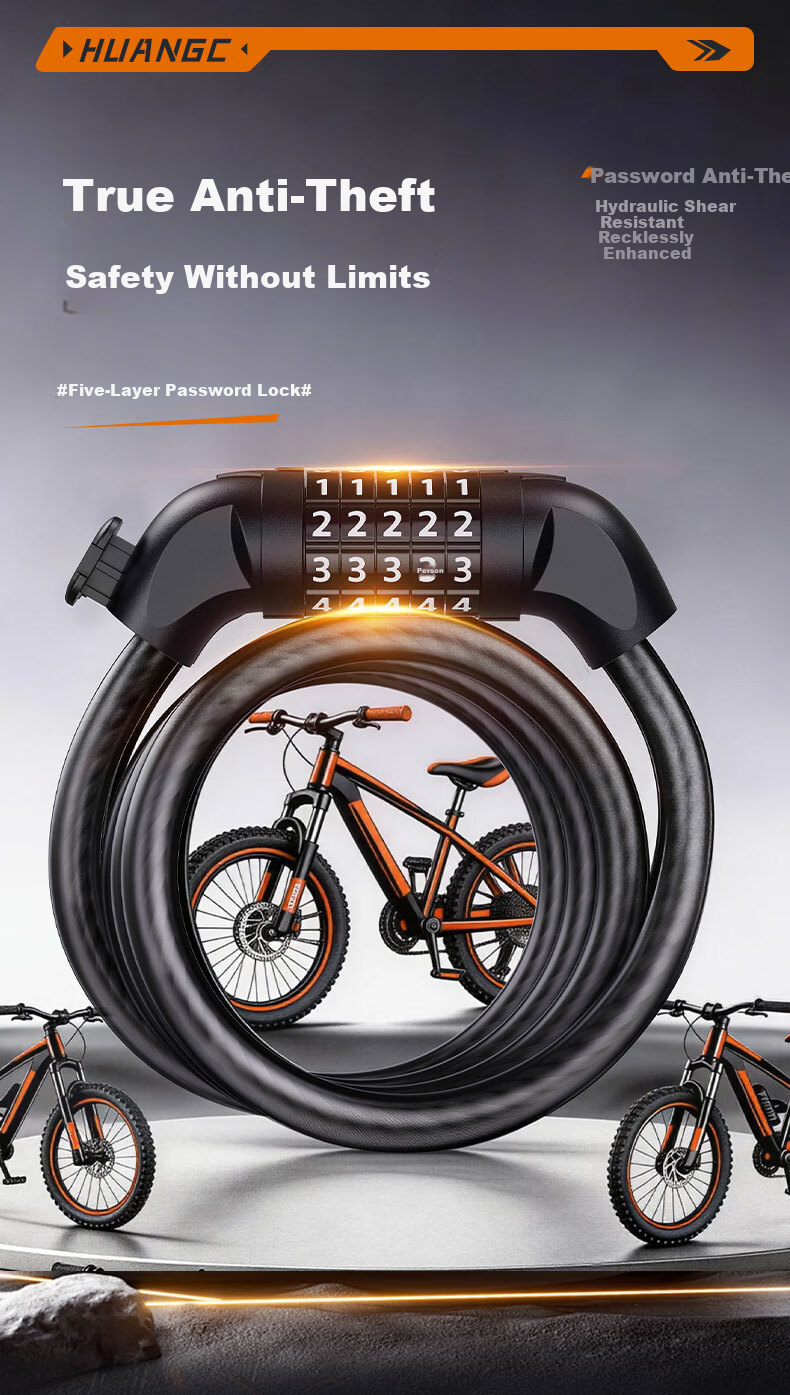 Huangchi Bicycle Lock 5-Digit Combination Chain Lock for Electric Scooter, Glass Door, Road Bike, Mountain Bike Circular Lock 4