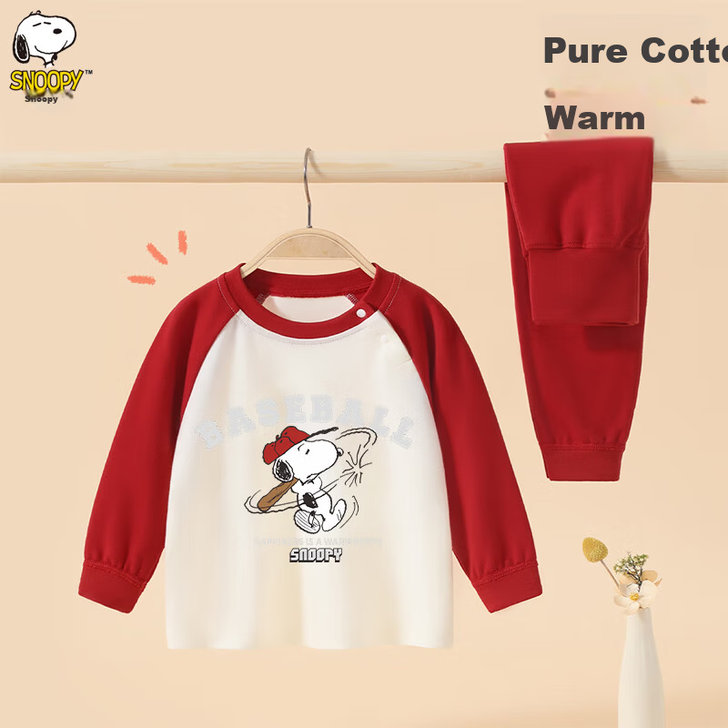 SNOOPY Kids Autumn Winter Cotton Thermal Underwear Set Boys Girls New Year Festive Red Batting 80