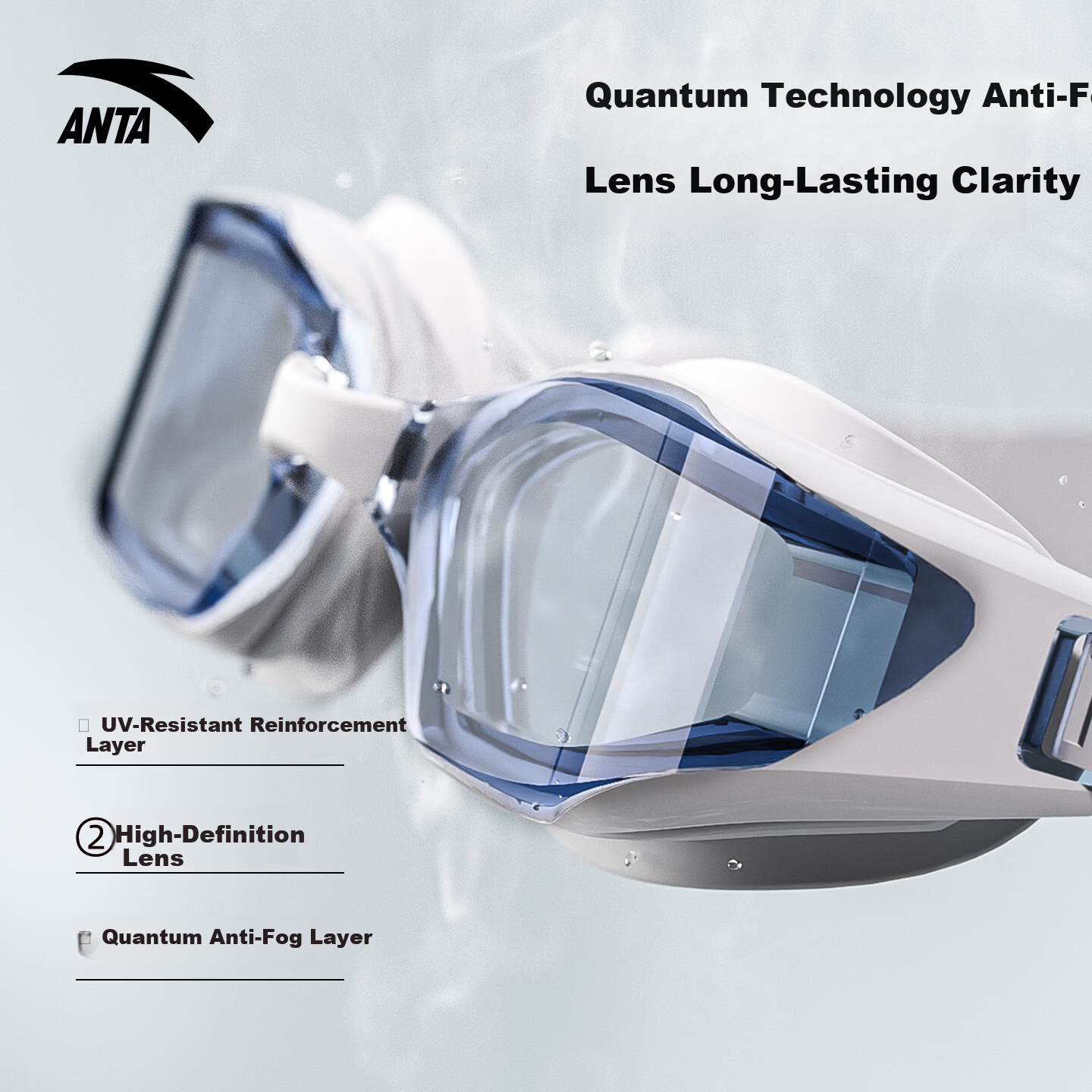 ANTA Swimming Goggles Unisex HD Waterproof Anti-Fog Mid-Frame Professional Training Swim Glasses Black Plano