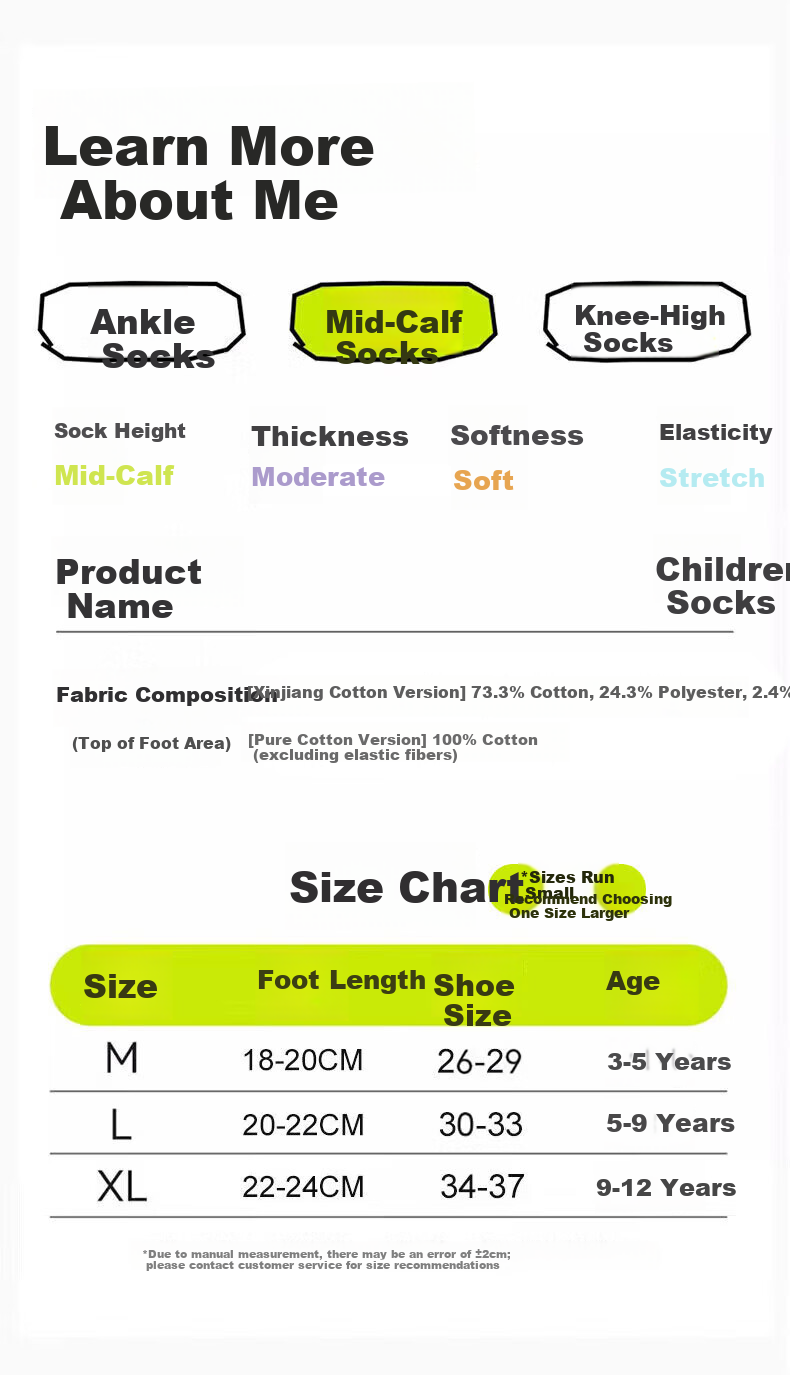 Mianmanman Children's Socks, Pure Cotton, 10A Antibacterial And Anti-Mite, Mid-Calf Socks for Girls, Long Socks for Older Children, Autumn And Winter Season, 6 Pairs 6