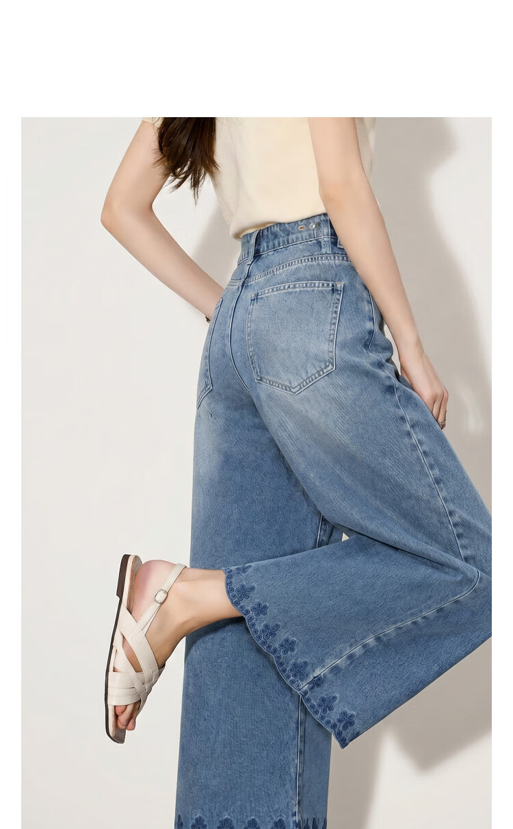 Demana Rose Embroidery Summer Cropped Cloud Cotton Washed Straight Wide-Leg Slimming Concealing High-End Women's Jeans 17