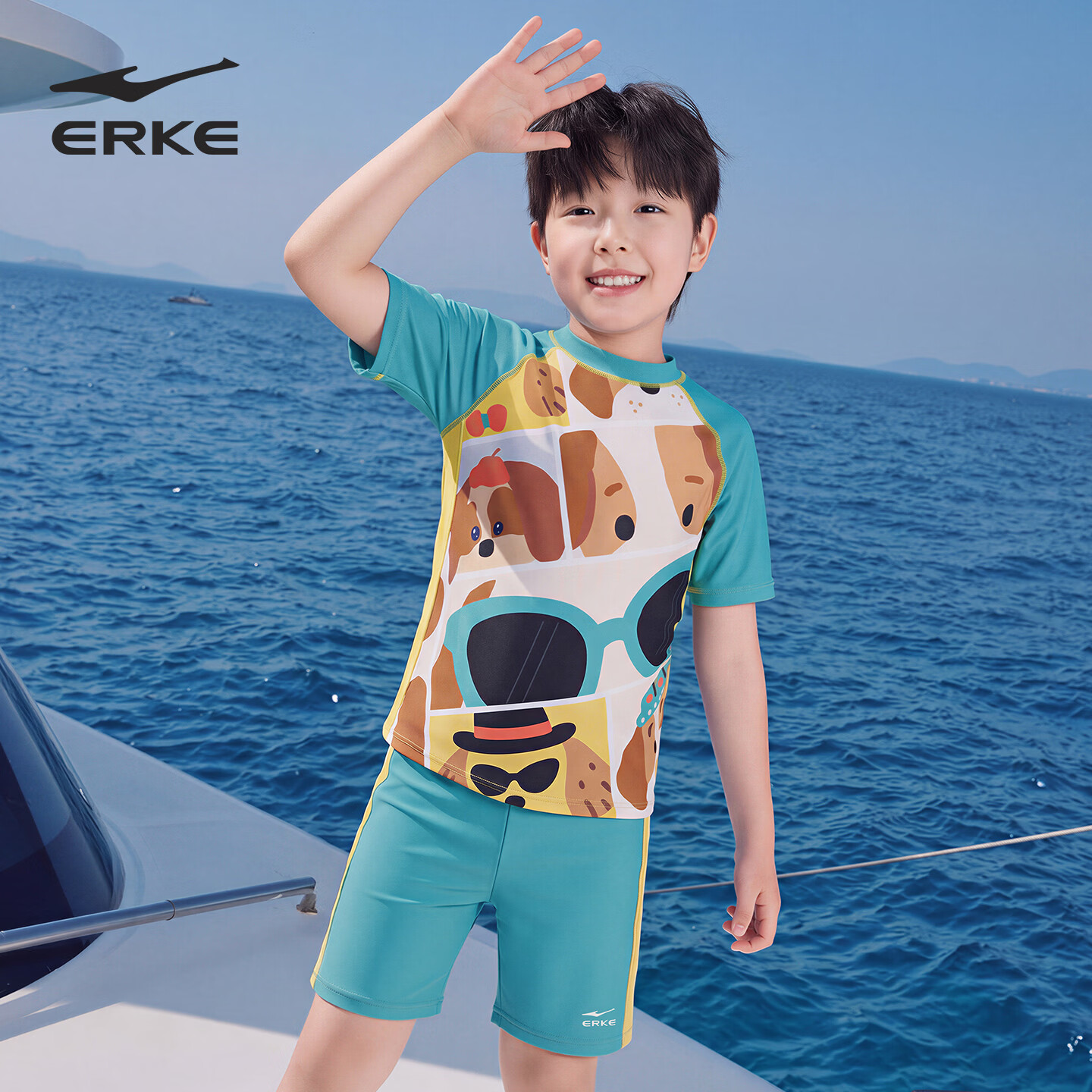 ERKE Boys' Short Sleeve Two-Piece Swimsuit Set, Split Design, Sun Protection, Beach Swimwear for Kids