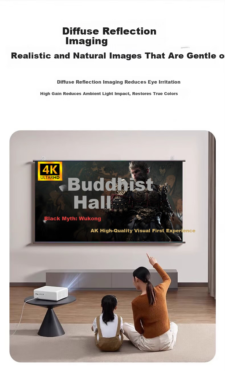 Ganyi No-Drill Wall-Mounted Projection Screen White Fiberglass C100 100-inch 16:9 Wide Viewing Angle 4K HD Side Projection Compatible with All Lumen Projectors 9