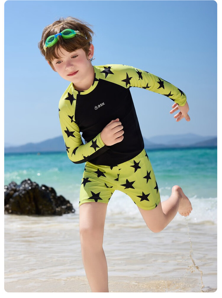 ASK JUNIOR 【Sun Protection and Chlorine Resistant】Children's Long Sleeve Swimsuit with Swim Cap, Two-Piece Boys' Training Set with Separate Shorts for Older Kids 15