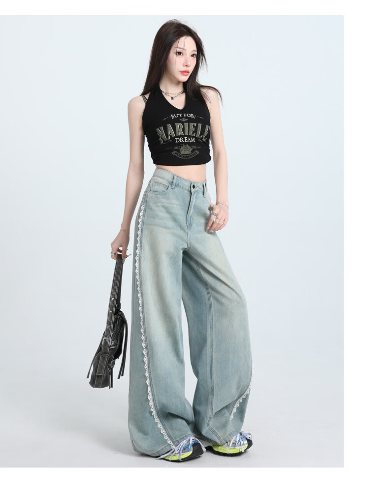 Jeanswest Women's Jeans 2026 Summer Retro Washed Light Lace Trim High Waist Washed Wide Leg Pants Light Blue M 14