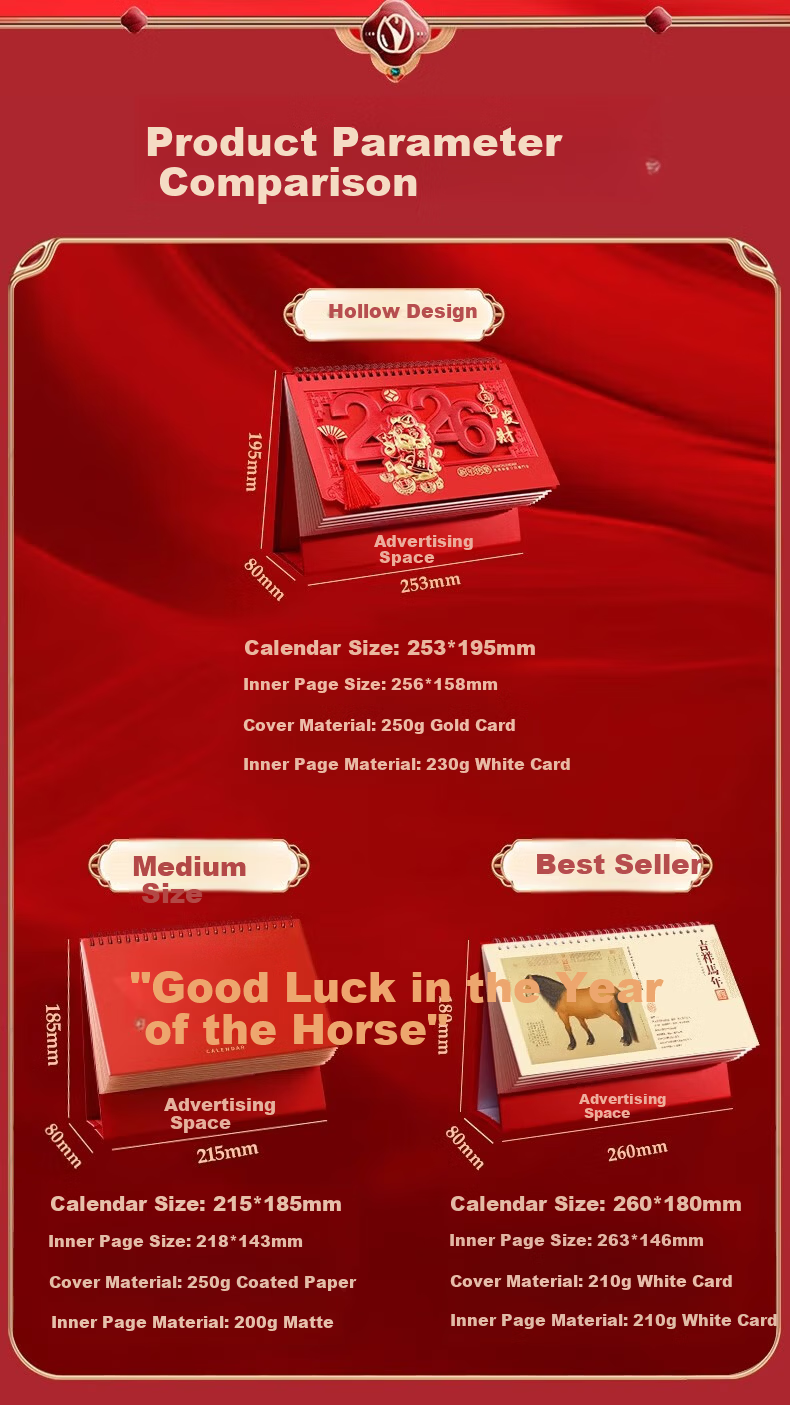 Muulee 2026 Custom Large Chinese Red Festive Triangle Desk Calendar Corporate Gift Business Desktop Calendar Year of the Horse New Monthly Calendar 4