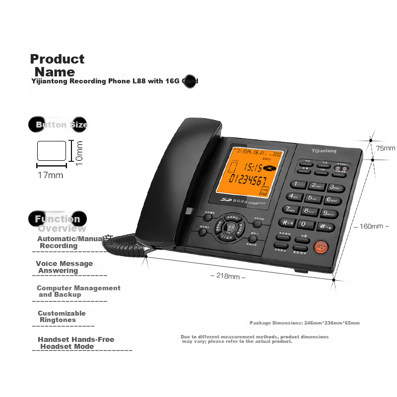 Yijiantong L88 Recording Telephone Fixed Desk Phone Office Home Business Automatic Manual Recording Computer Backup Conference Customer Service Call Center with 16GB Card (Black)