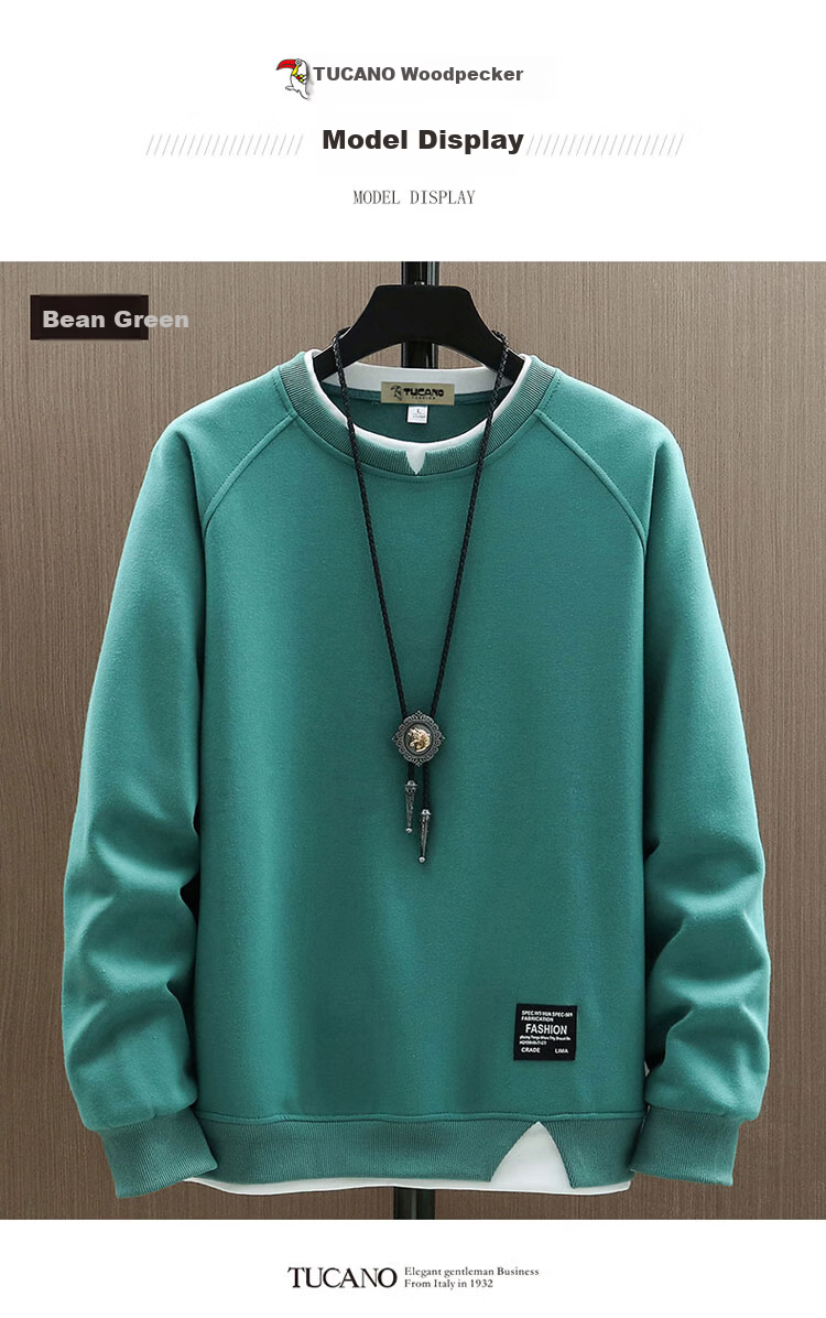 TUCANO Men's Spring and Autumn Loose Fit Crew Neck Casual Long Sleeve T-Shirt Fake Two-Piece Top Men's Clothing Bean Green M 4