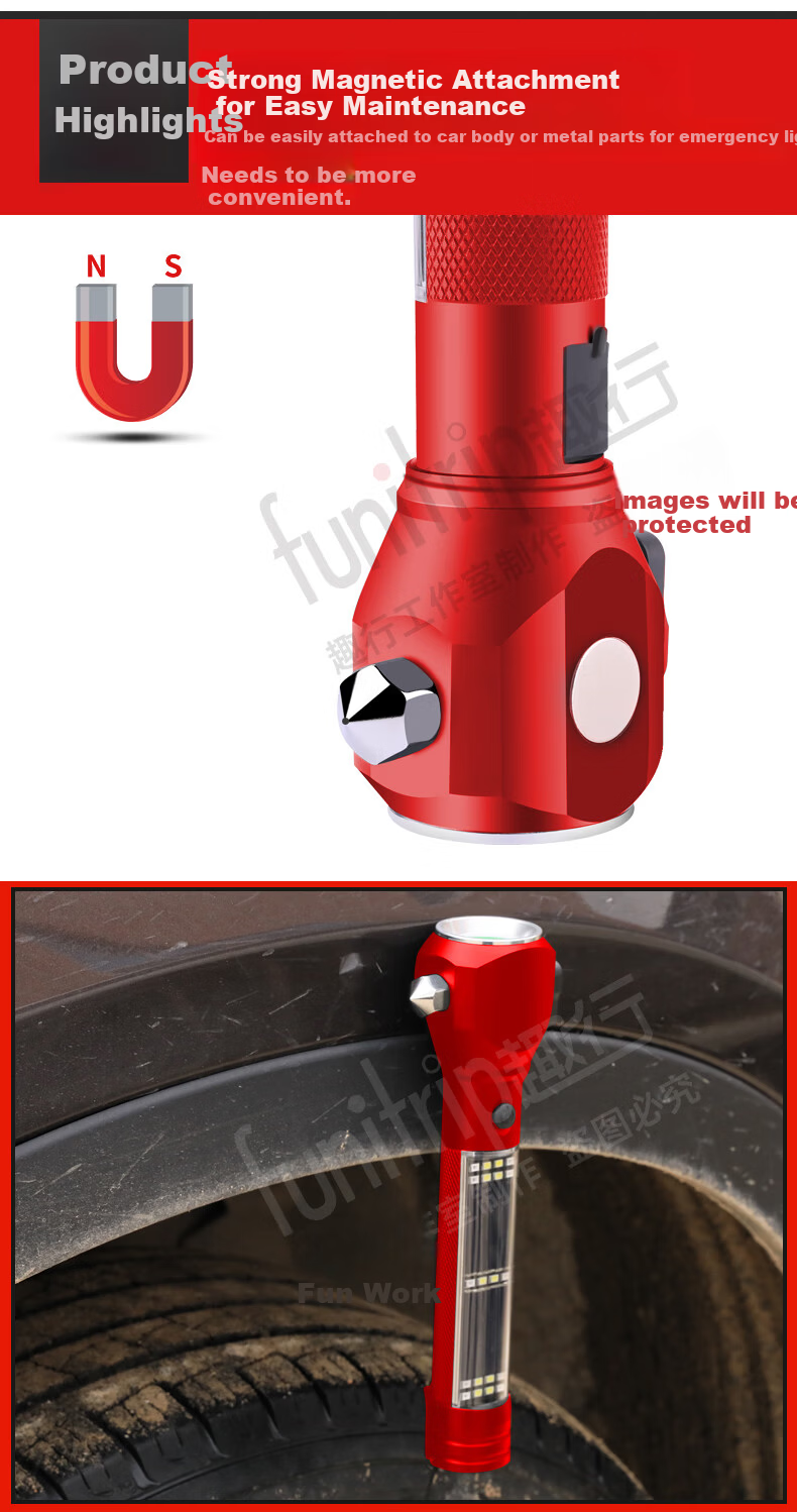 QuXing 12-in-1 Car Emergency Escape Hammer with Window Breaker, High-Power Flashlight, Red 9