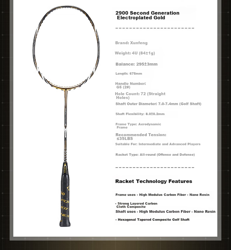 KUMPOO Badminton Racket 2900 II Carbon Fiber Durable All-Around Xunfeng Racket Gold (Pre-Strung) 12