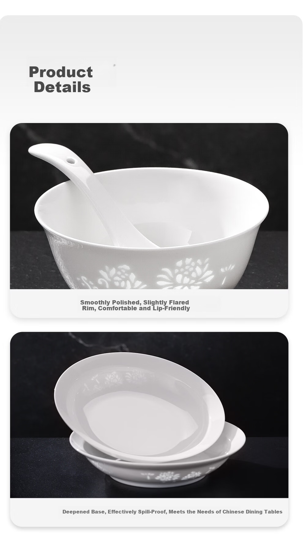 JDZ Ceramic Tableware Set Intangible Cultural Heritage Exquisite White Porcelain Bowls and Plates Complete Chinese Style Home High-End Housewarming Gift Blooming Flowers 17