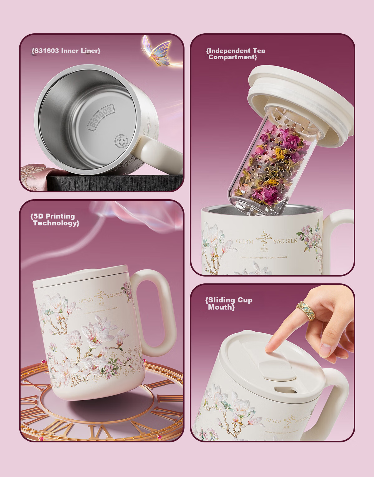 Germ Intangible Cultural Heritage Su Embroidery Mark Insulated Mug High-Value Office Water Cup Tea Cup Women's Gift Cup 450ML Magnolia 3