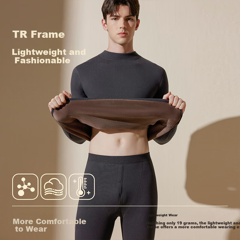 Langsha Men's Thermal Underwear Set Mid-Neck Autumn Winter Fleece Thickened Heating 10A Antibacterial Ultra-Soft Top and Bottom