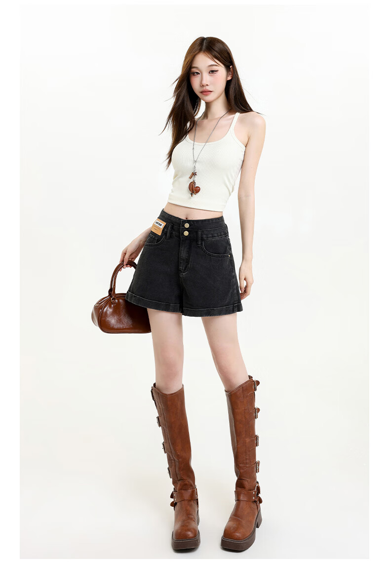 Jeanswest Women's Summer 2026 High-Waist Loose Slimming Wide-Leg A-Line Black Gray Denim Shorts S 17
