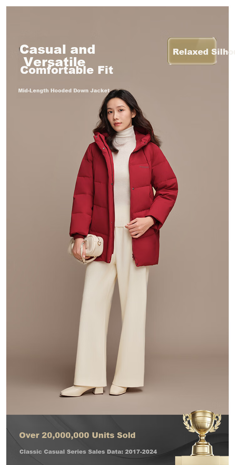 Bosideng Off-Season Women's Mid-Length Casual Fashion Thickened 90% Down Hooded Versatile Winter Coat 1