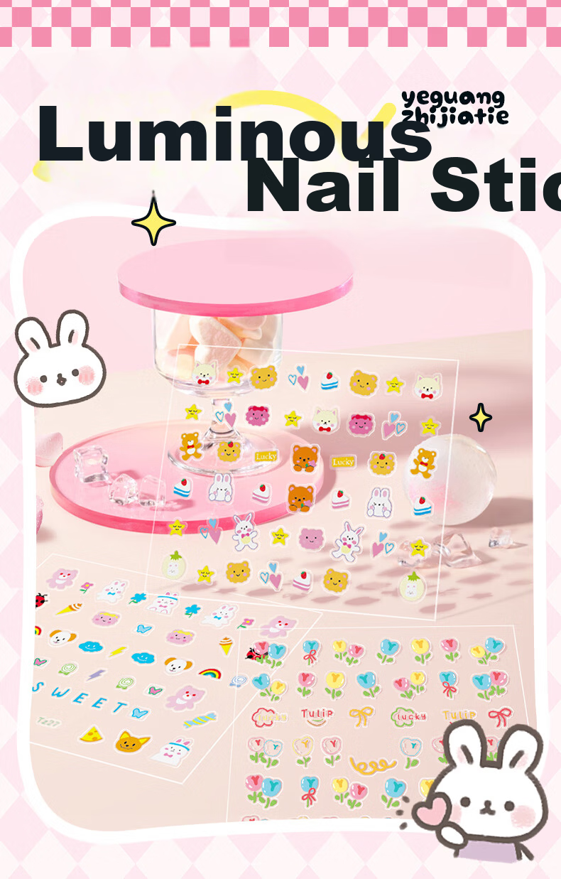 Deyin Children's Nail Stickers Wearable Nails Kids Manicure Stickers Baby Nail Decals Kindergarten Gift for Kids Ages 3-6 Handmade 30 Sheets Glow-in-the-Dark Rabbit Series 6651 1