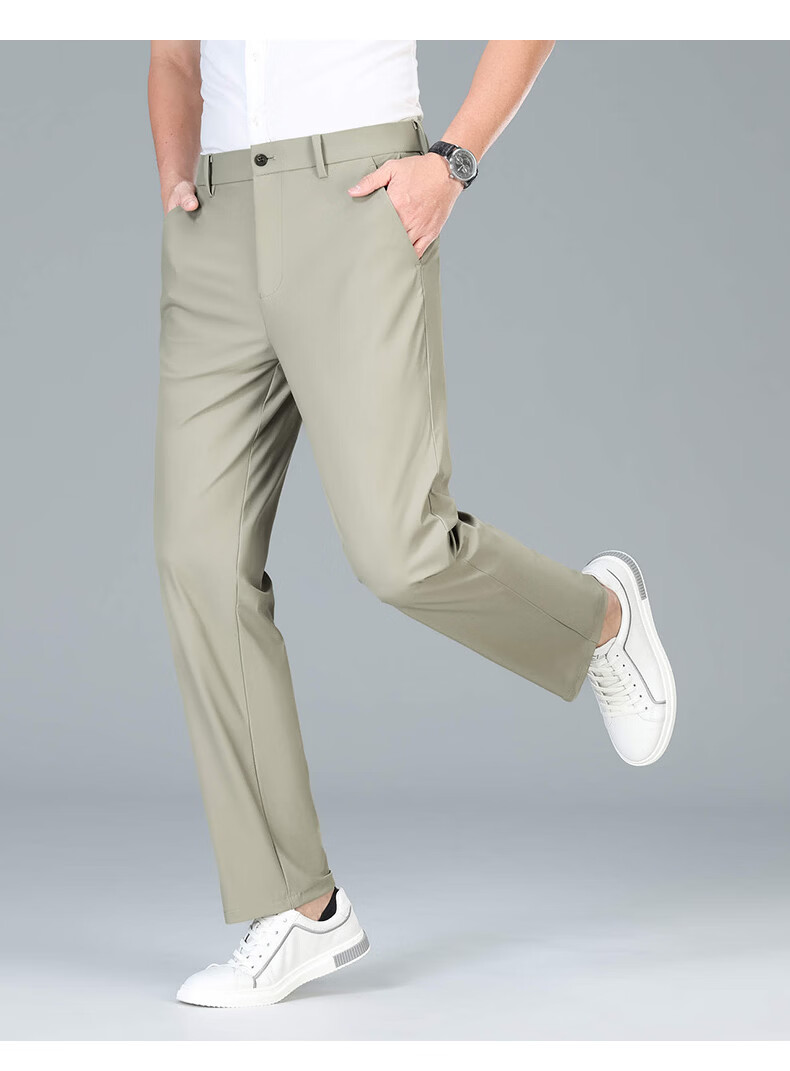 Romon High Elastic Wrinkle-Resistant Men's Summer Business New Ice Silk Thin High-End Straight-Leg Suit Casual Pants 27