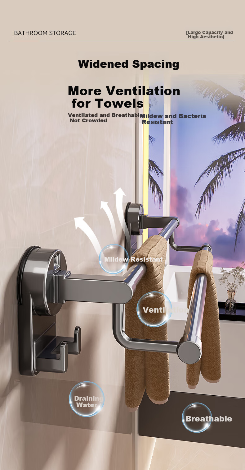 Baihan Suction Cup Towel Rack Bathroom Storage Shelf Wall-Mounted No-Drill Towel Bar Organizer 4