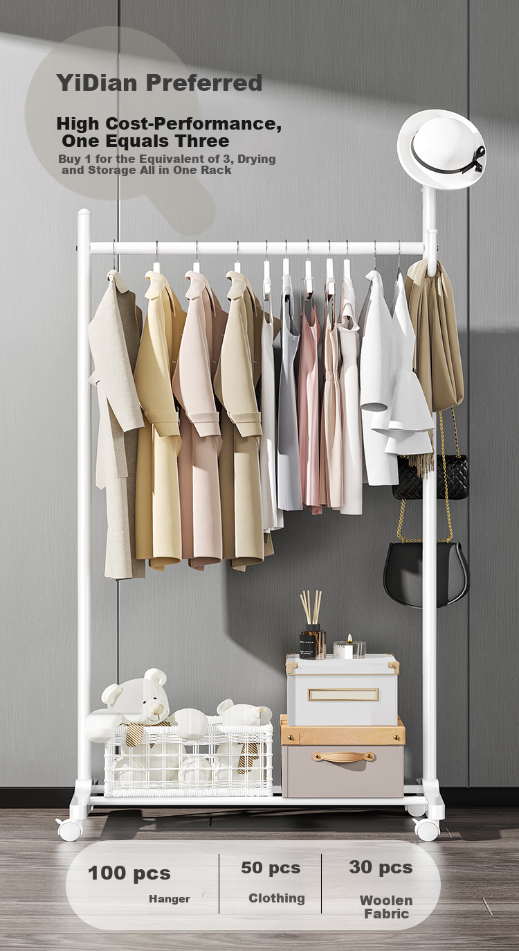 QIAONAMEI Floor Clothes Rack Coat Hanger Folding Clothes Rack with Basket Thickened 4488-WH 4