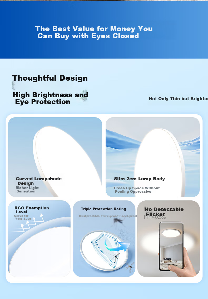 HP Eye-Protection Three-Defense Ultra-Thin LED Ceiling Light for Bedroom, Kitchen, Bathroom, Balcony, Corridor - Zhenzhiguang Series 2