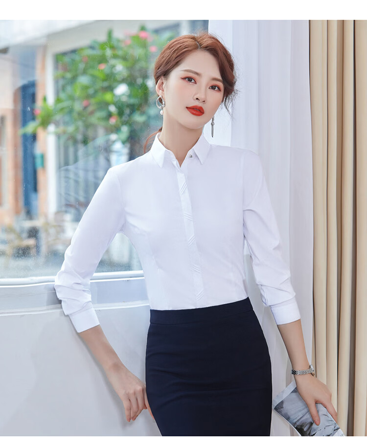 Chaoxu Women's Long Sleeve White Shirt Bamboo Fiber Stretch Slim Fit Breathable Luxury High-End Commuter Versatile Professional Blouse 10