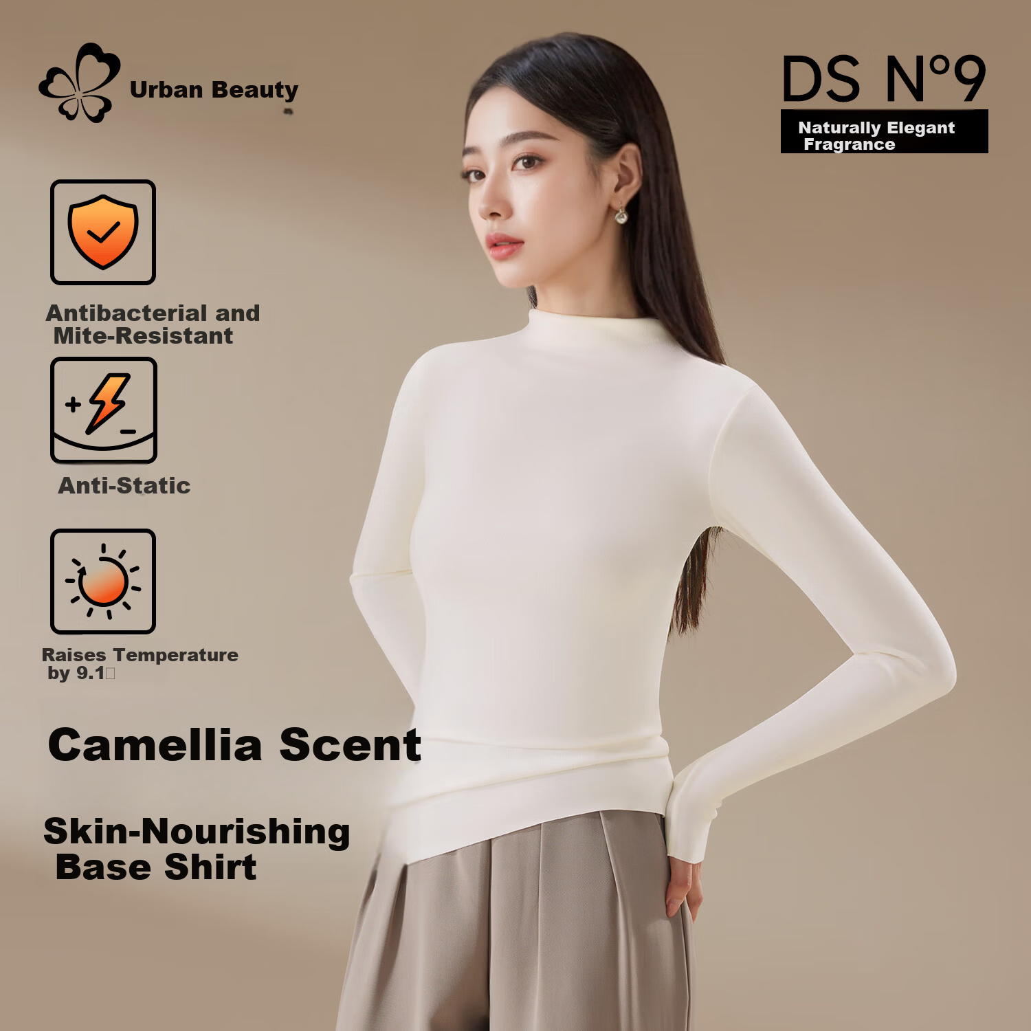 Urban Beauty [Class A Camellia] Women's Thermal Underwear Autumn Winter Antibacterial Half Turtleneck Slim Fit Base Shirt