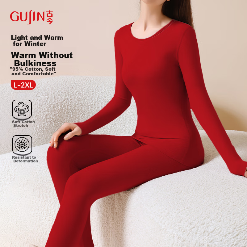 GUJIN Women's Thermal Underwear Set Autumn Winter Cotton Heat Retaining Thick Slim Fit Base Layer Top and Bottom