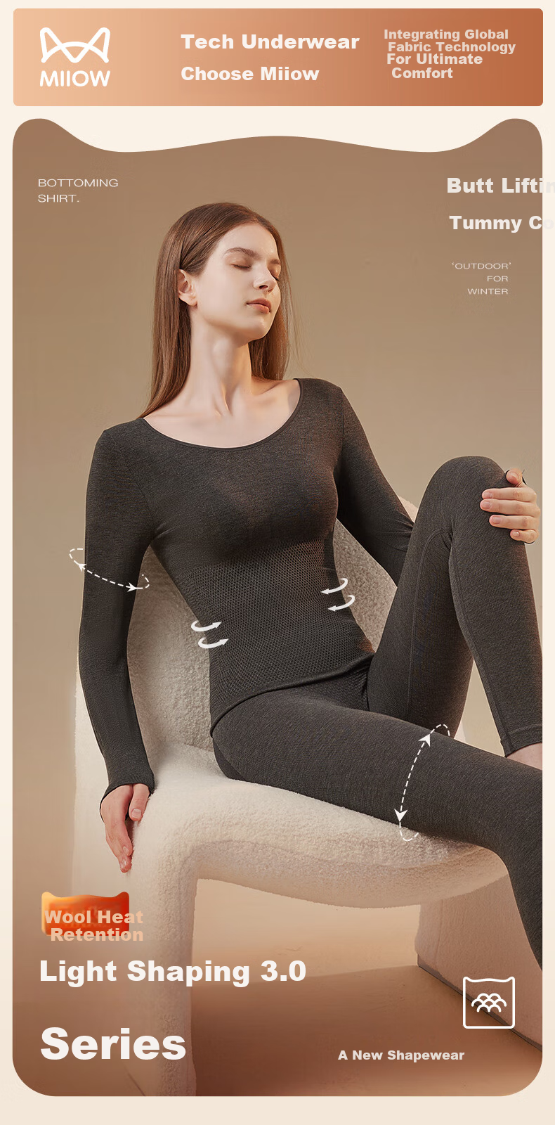Miiow Women's Slimming Wool Thermal Underwear Set Autumn Winter Warm Base Layer 1