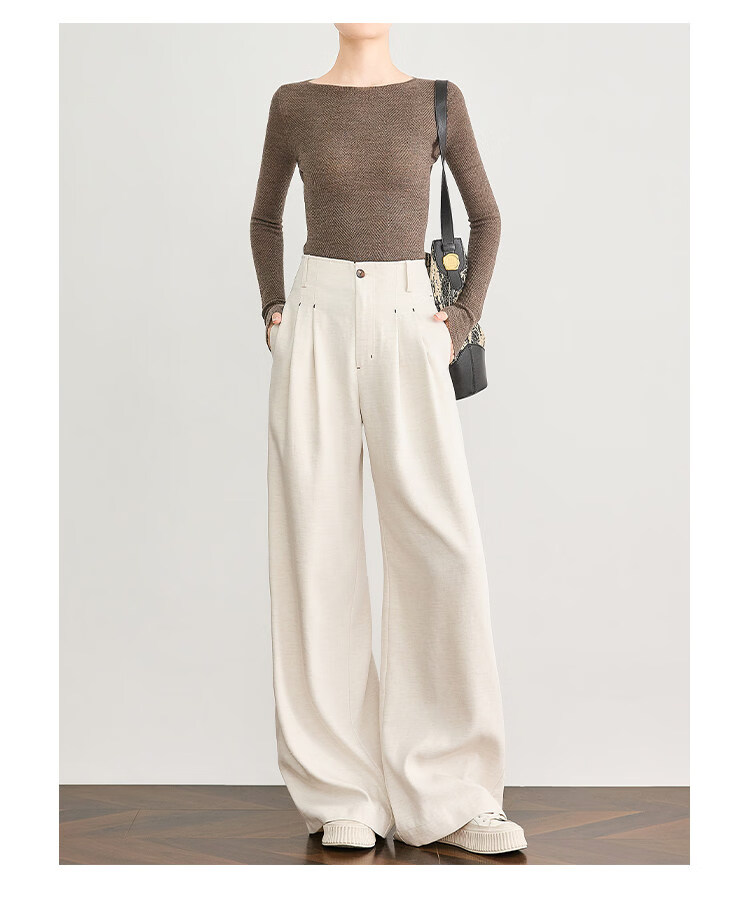 FAESSLIN Urban Old Money Style White Linen Summer Slim Wide-Leg Casual Pants for Women 44