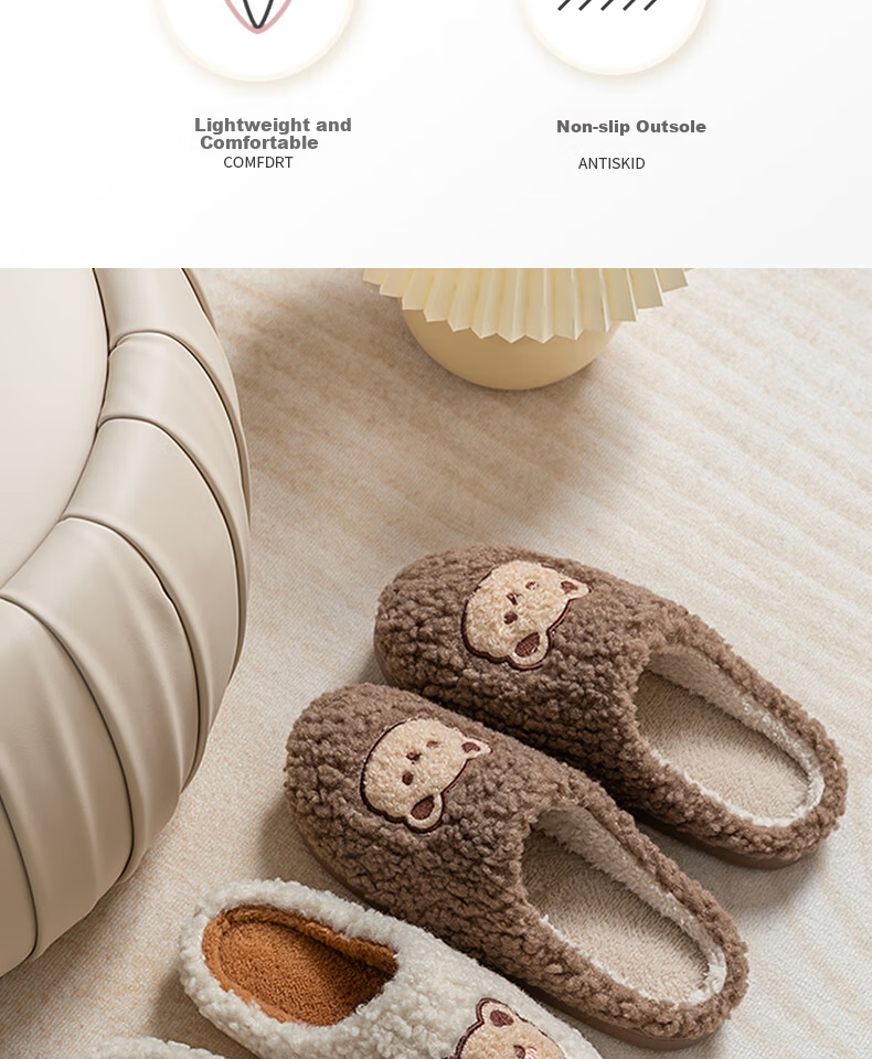 Runrou Women's Cotton Slippers Autumn Winter Warm Fleece Cute Indoor Home Couple Men's Antibacterial Deodorant 3