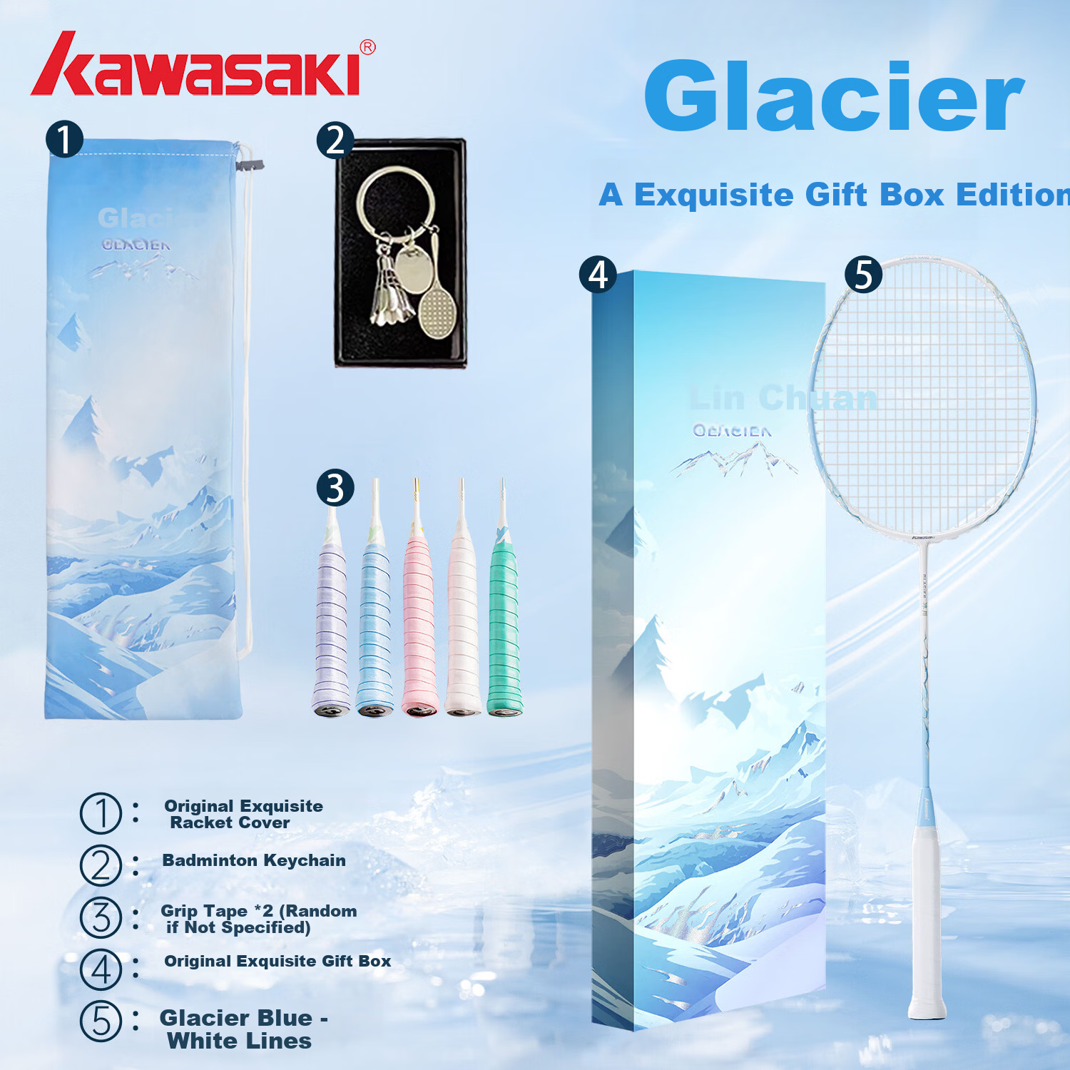 KAWASAKI Glacier Carbon Fiber Ultra-Light 5U Offensive Badminton Racket Single Gift Box Blue