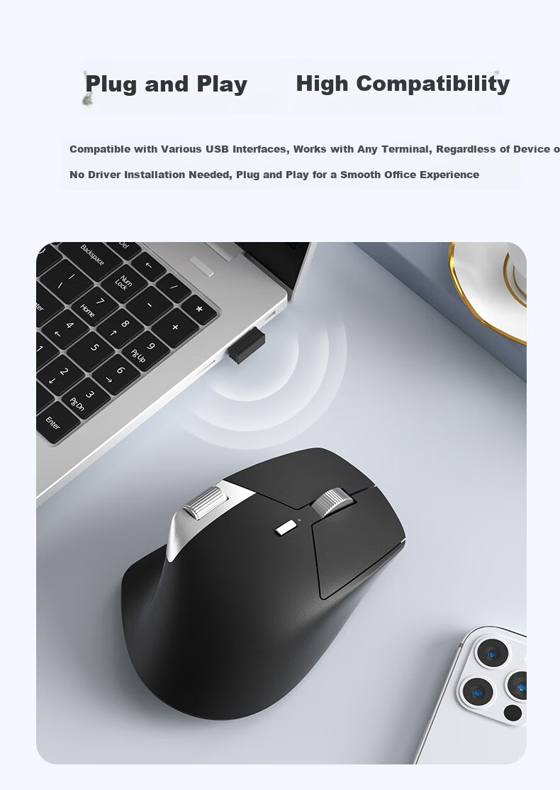 B.O.W Hangshi MD290L MAX Tri-Mode Wired Wireless Bluetooth Charging Mouse Laptop Office Ergonomic Silent Side Dual Scroll Wheel Mouse Silver Black 6