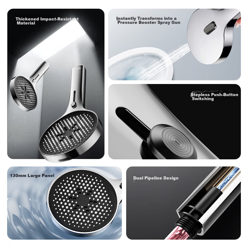 SUPOR High-Pressure Handheld Shower Head Set with Spray Gun, Three-Piece Shower Head, Powerful Water Flow, Adjustable Gray