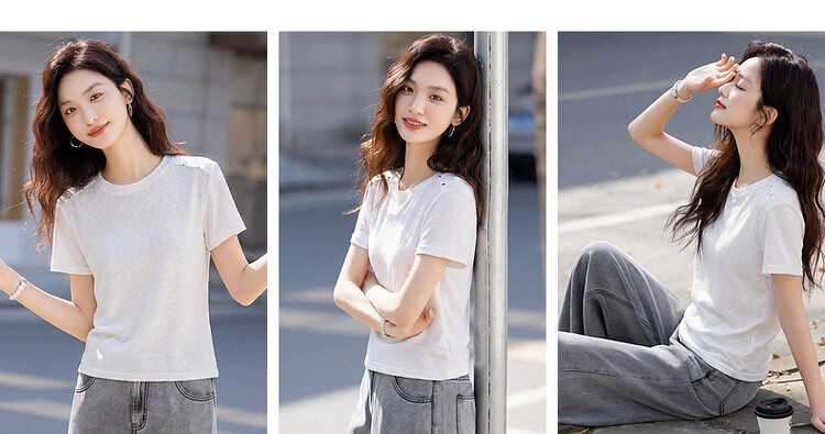 Demana [with Flax Cloud Cotton] Summer Simple Style Color-Block Shoulder Round Neck Slim Loose Fit Women's T-Shirt 6