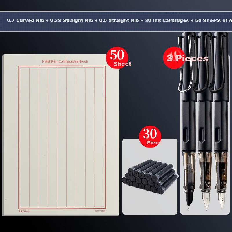 Liupintang Calligraphy Fountain Pen Bent Nib Hard Pen for Handwriting Adult Signature Pen Art Student Refillable Ink Cartridge Slender Gold Style Dark Nib Art Pen